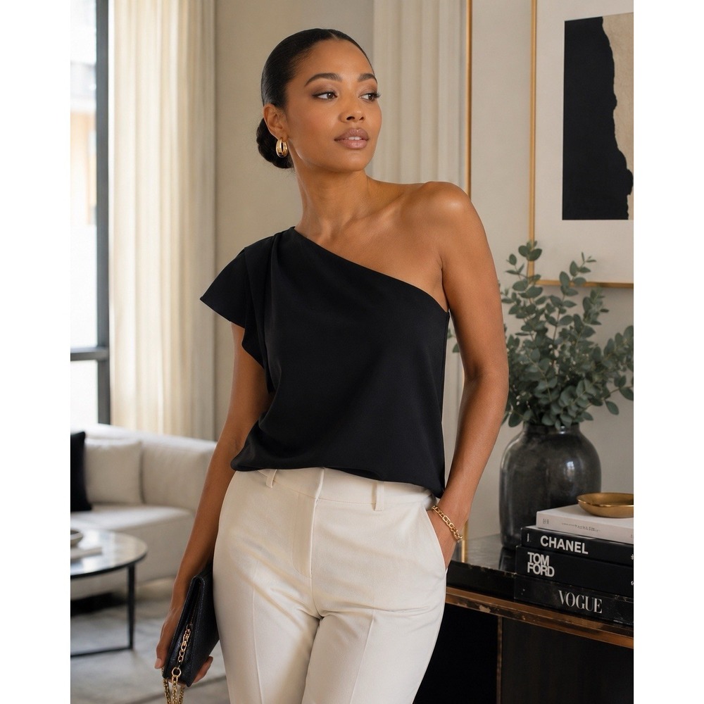 7th Avenue Design Studio Black One Shoulder Top Women's Large Stretch Blouse